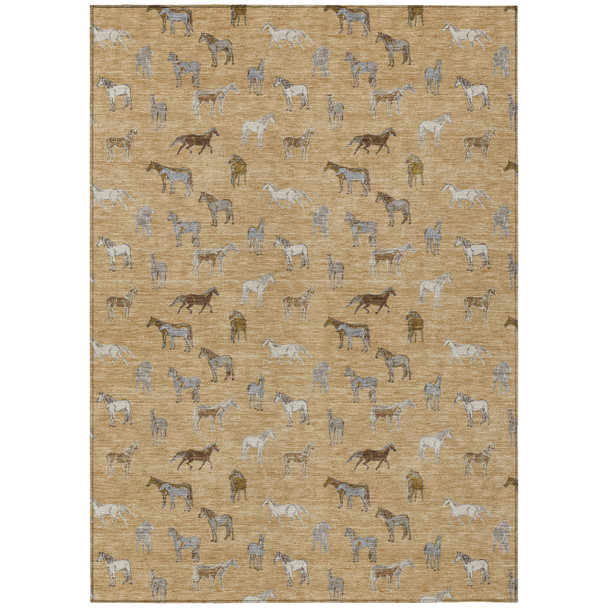 9' X 12' Gold And Beige Horse Washable Indoor Outdoor Area Rug