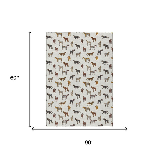 5' X 8' Ivory And Gold Horse Washable Indoor Outdoor Area Rug