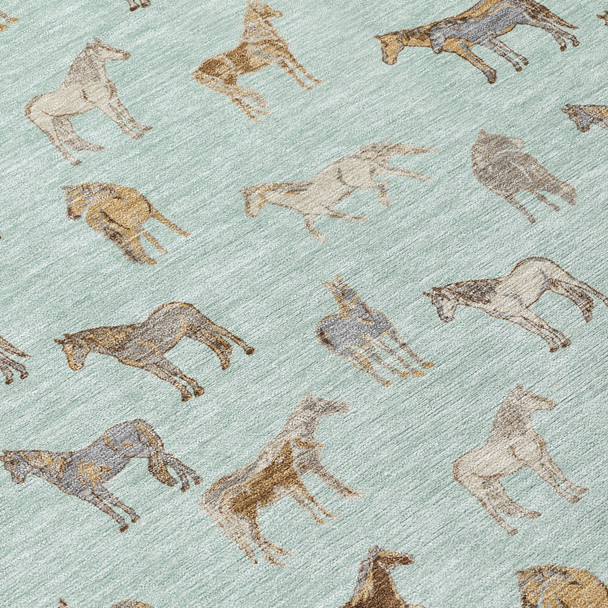 10' X 14' Mint Green And Beige Horse Washable Indoor Outdoor Area Rug