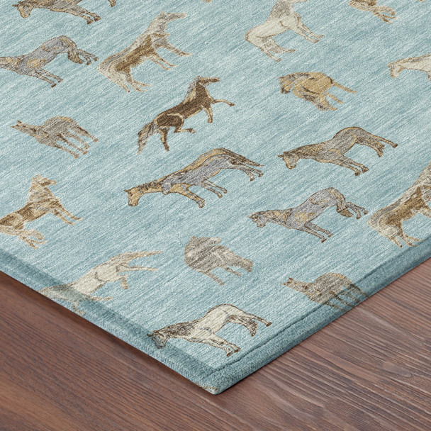 9' X 12' Sky Blue And Beige Horse Washable Indoor Outdoor Area Rug
