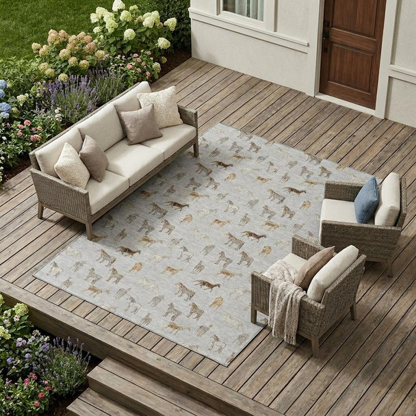 8' X 10' Silver And Beige Horse Washable Indoor Outdoor Area Rug