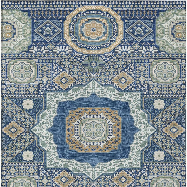 9' X 12' Navy Blue And Beige Oriental Washable Indoor Outdoor Area Rug