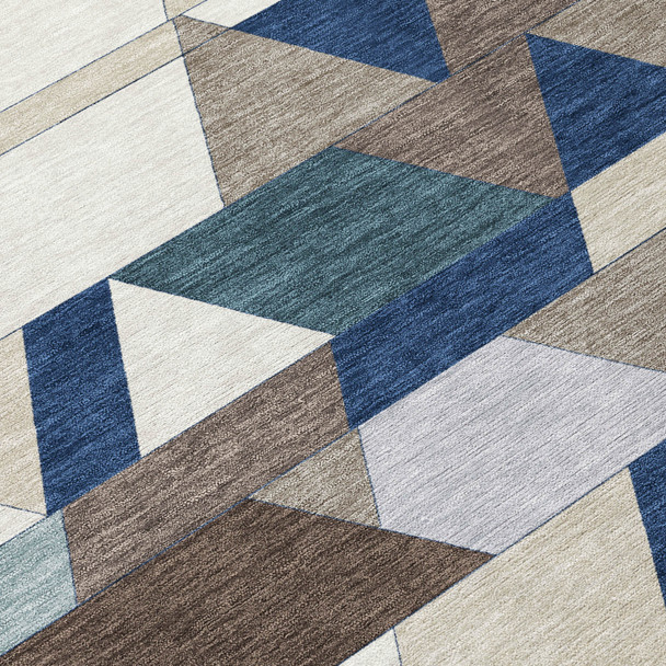 3' X 5' Navy Blue And Teal Blue Geometric Washable Indoor Outdoor Area Rug