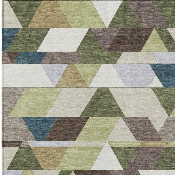 10' X 14' Olive Green And Beige Geometric Washable Indoor Outdoor Area Rug