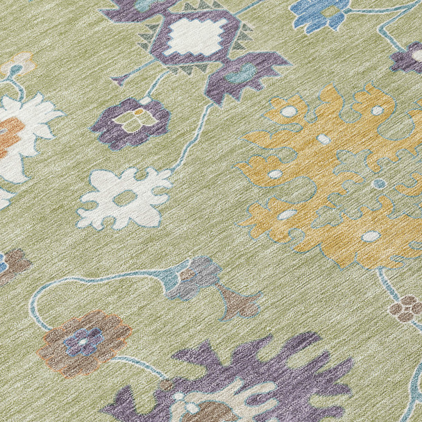 3' X 5' Green And Taupe Oriental Washable Indoor Outdoor Area Rug