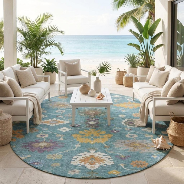 8' Teal Blue And Sage Round Oriental Washable Indoor Outdoor Area Rug