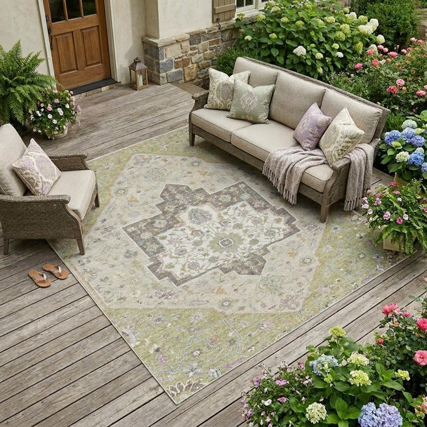 9' X 12' Green And Beige Floral Medallion Washable Indoor Outdoor Area Rug