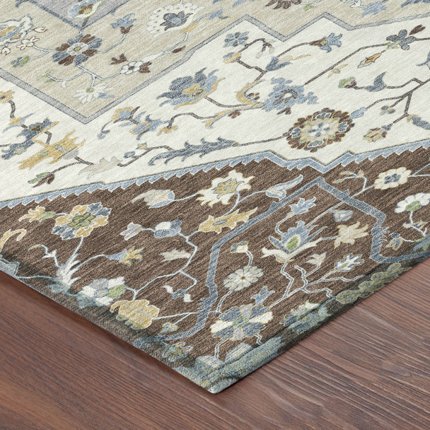 8' Chocolate And Ivory Round Floral Medallion Washable Indoor Outdoor Area Rug