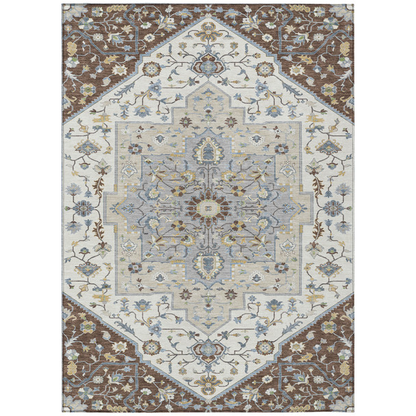 9' X 12' Chocolate And Ivory Floral Medallion Washable Indoor Outdoor Area Rug