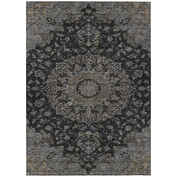 5' X 8' Black And Charcoal Floral Medallion Washable Indoor Outdoor Area Rug