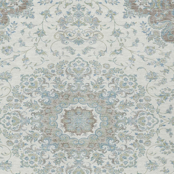 10' X 14' Ivory And Silver Floral Medallion Washable Indoor Outdoor Area Rug