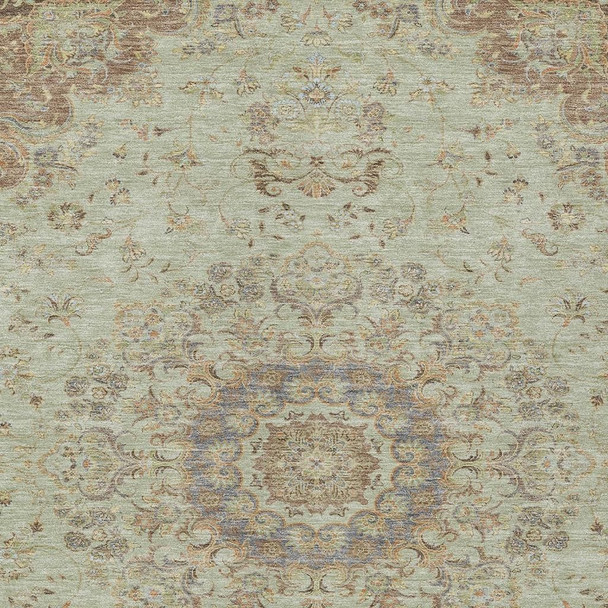5' X 8' Sage And Brown Floral Medallion Washable Indoor Outdoor Area Rug