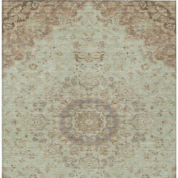 10' X 14' Sage And Brown Floral Medallion Washable Indoor Outdoor Area Rug
