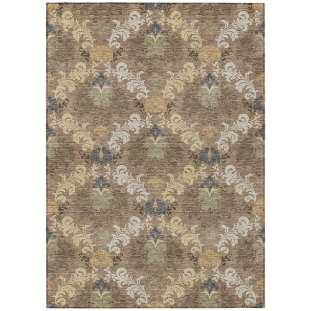 8' X 10' Brown And Taupe Damask Washable Indoor Outdoor Area Rug