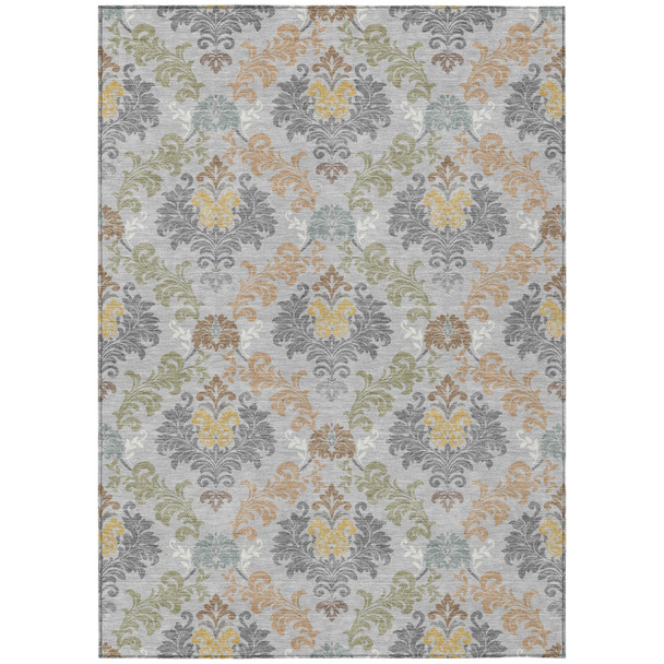 9' X 12' Silver And Sage Damask Washable Indoor Outdoor Area Rug
