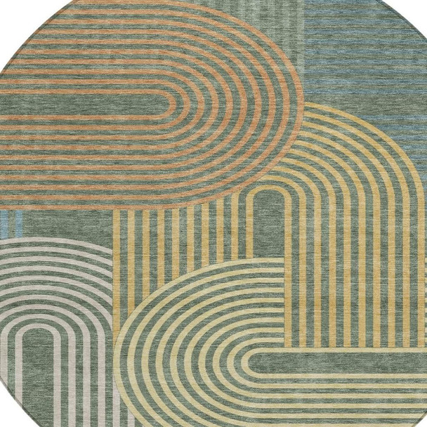 8' Green And Copper Round Geometric Washable Indoor Outdoor Area Rug
