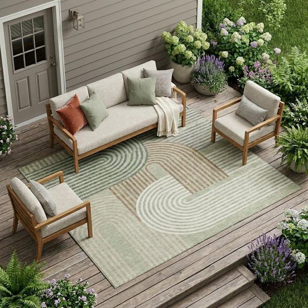 9' X 12' Green And Brown Geometric Washable Indoor Outdoor Area Rug
