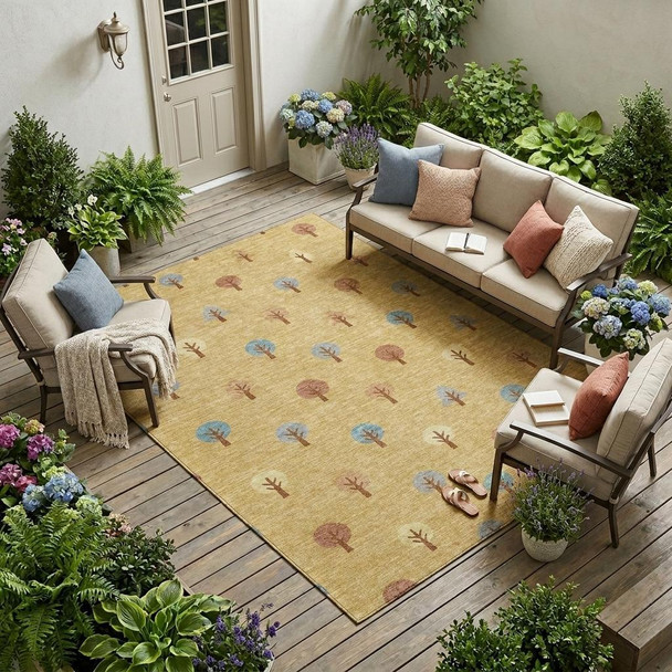 8' X 10' Gold And Orange Geometric Washable Indoor Outdoor Area Rug