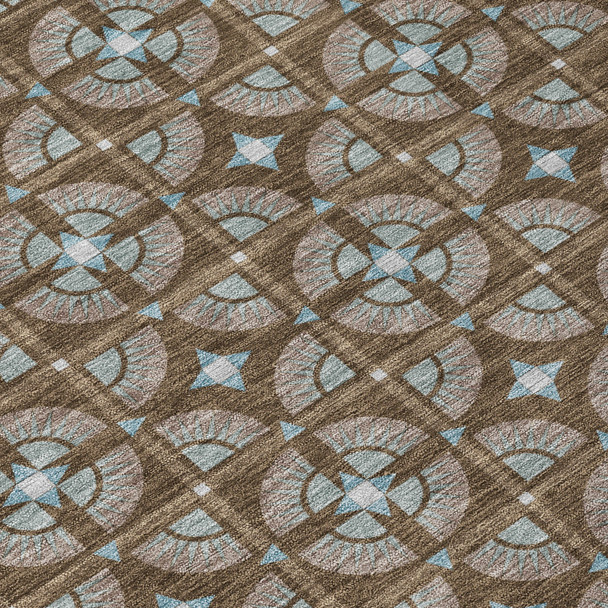 8' Chocolate And Brown Round Geometric Washable Indoor Outdoor Area Rug
