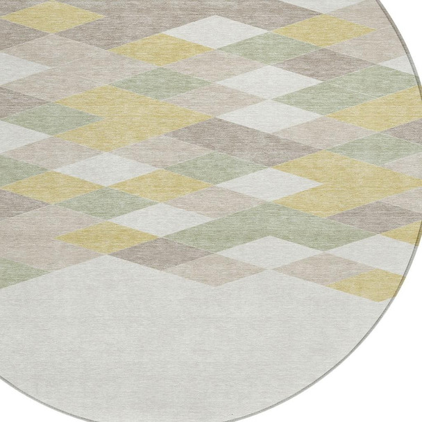 8' Ivory And Khaki Round Geometric Washable Indoor Outdoor Area Rug