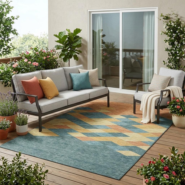 5' X 8' Teal Blue And Copper Geometric Washable Indoor Outdoor Area Rug