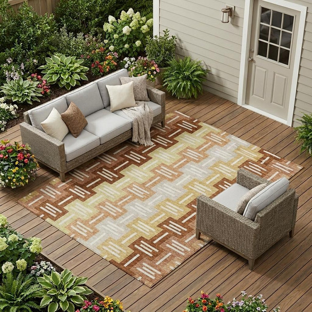 9' X 12' Orange And Copper Geometric Washable Indoor Outdoor Area Rug