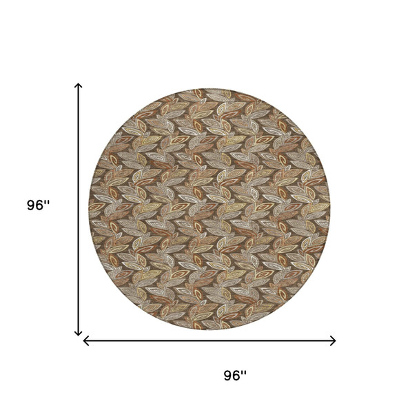 8' Chocolate And Brown Round Botanical Leaves Washable Indoor Outdoor Area Rug