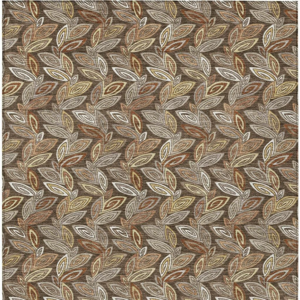 9' X 12' Chocolate And Brown Botanical Leaves Washable Indoor Outdoor Area Rug