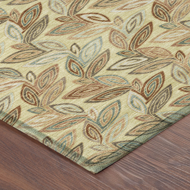 9' X 12' Wheat And Gold Botanical Leaves Washable Indoor Outdoor Area Rug