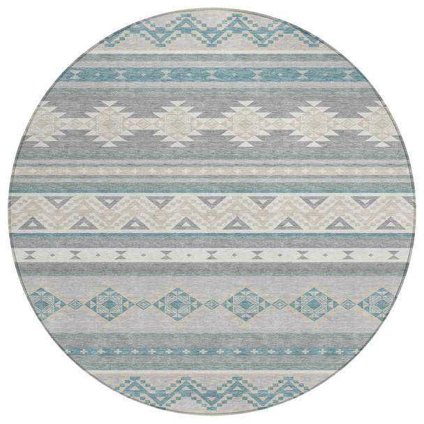 8' Silver And Teal Blue Round Southwestern Washable Indoor Outdoor Area Rug