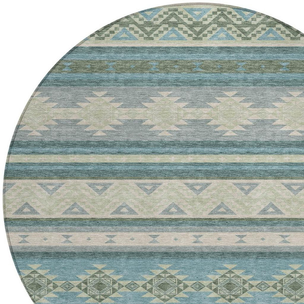 8' Teal Blue And Beige Round Southwestern Washable Indoor Outdoor Area Rug