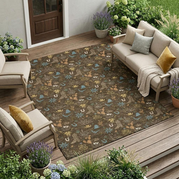 10' X 14' Chocolate And Brown Cactus Washable Indoor Outdoor Area Rug