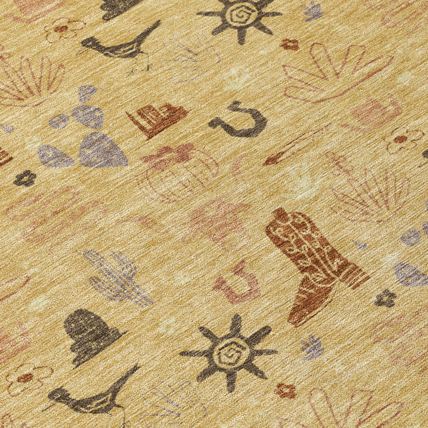 3' X 5' Gold And Orange Cactus Washable Indoor Outdoor Area Rug