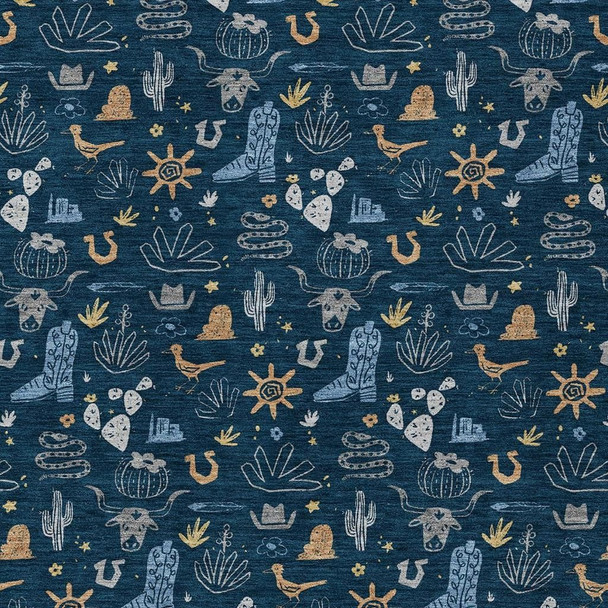5' X 8' Navy Blue And Denim Blue Cactus Washable Indoor Outdoor Area Rug