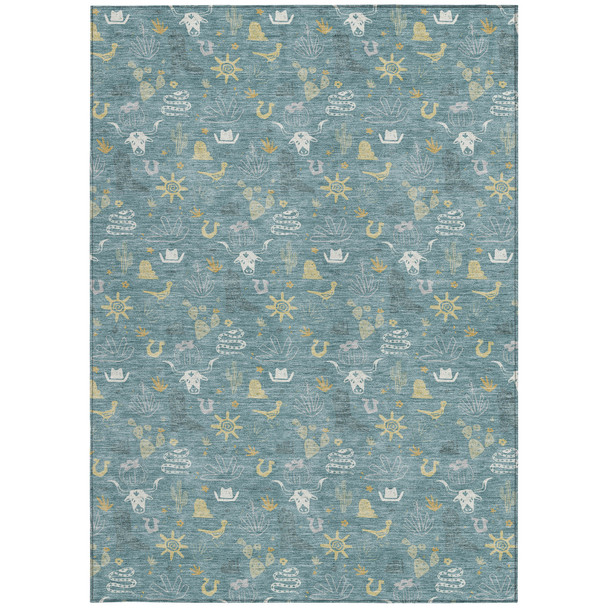 10' X 14' Teal Blue And Wheat Cactus Washable Indoor Outdoor Area Rug