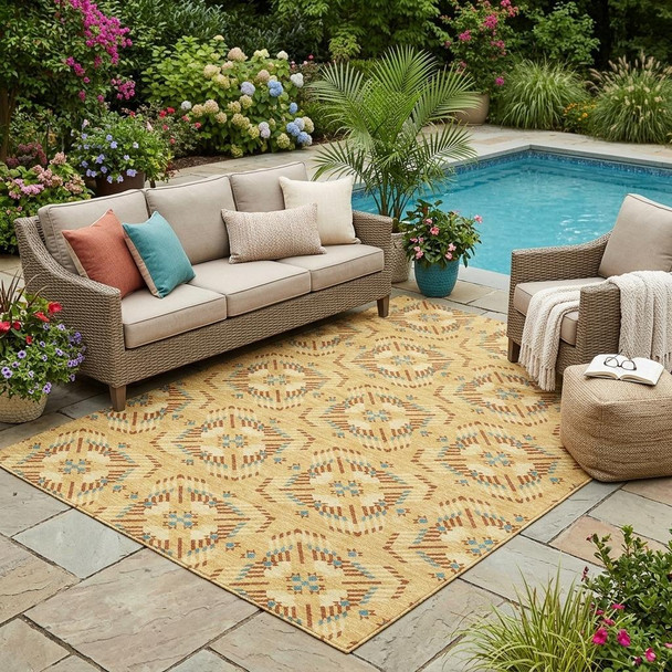 5' X 8' Gold And Wheat Geometric Washable Indoor Outdoor Area Rug