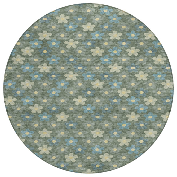 8' X 8' Green And Sage Round Floral Washable Indoor Outdoor Area Rug