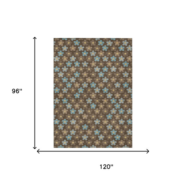 8' X 10' Chocolate And Brown Floral Washable Indoor Outdoor Area Rug