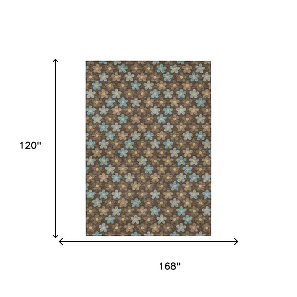 10' X 14' Chocolate And Brown Floral Washable Indoor Outdoor Area Rug