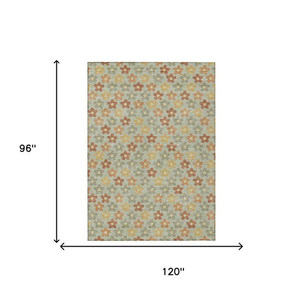 8' X 10' Green And Orange Floral Washable Indoor Outdoor Area Rug