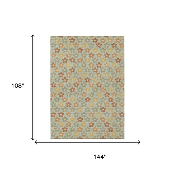 9' X 12' Green And Orange Floral Washable Indoor Outdoor Area Rug