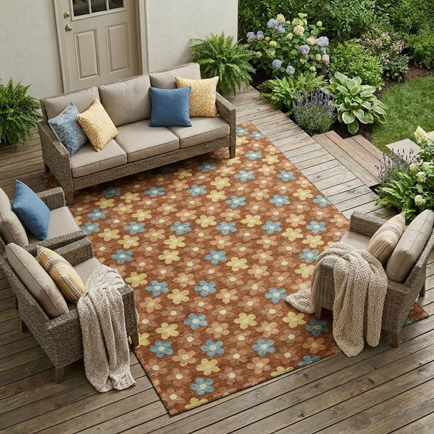 9' X 12' Orange And Copper Floral Washable Indoor Outdoor Area Rug