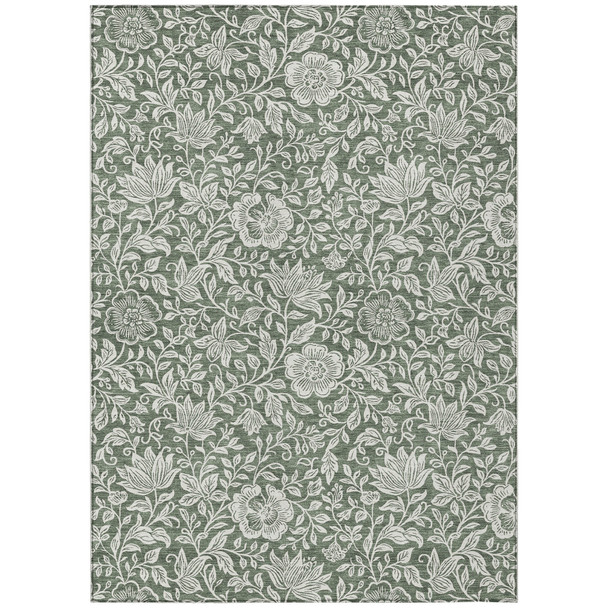 10' X 14' Green And Ivory Floral Washable Indoor Outdoor Area Rug