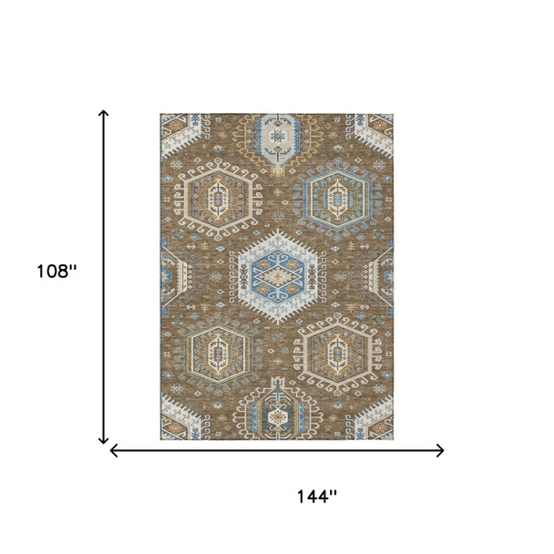 9' X 12' Brown And Beige Tribal Washable Indoor Outdoor Area Rug