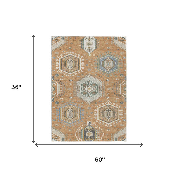 3' X 5' Copper And Beige Tribal Washable Indoor Outdoor Area Rug