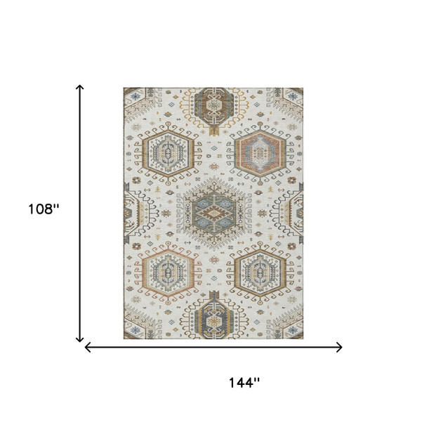 9' X 12' Ivory And Beige Tribal Washable Indoor Outdoor Area Rug