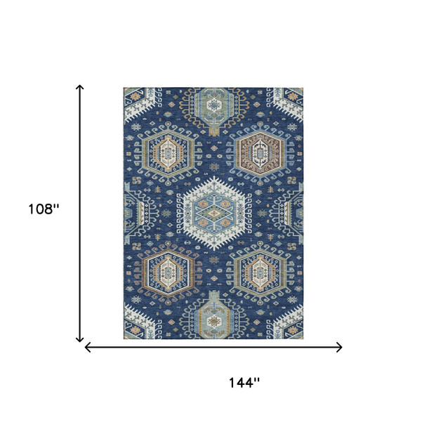 9' X 12' Navy Blue And Ivory Tribal Washable Indoor Outdoor Area Rug