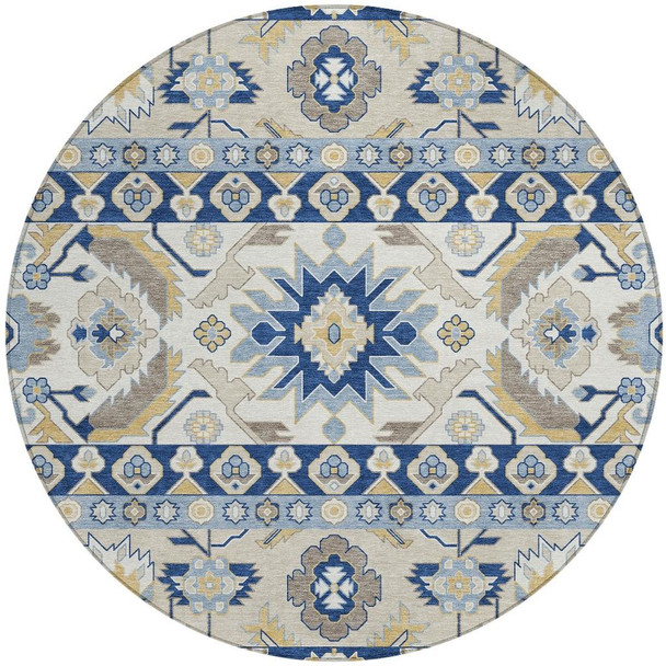 8' Navy Blue And Ivory Round Cactus Washable Indoor Outdoor Area Rug