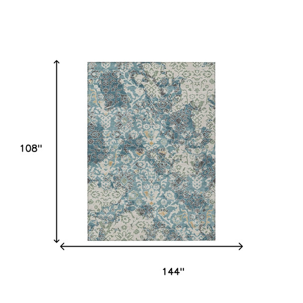 9' X 12' Teal Blue And Ivory Geometric Washable Indoor Outdoor Area Rug