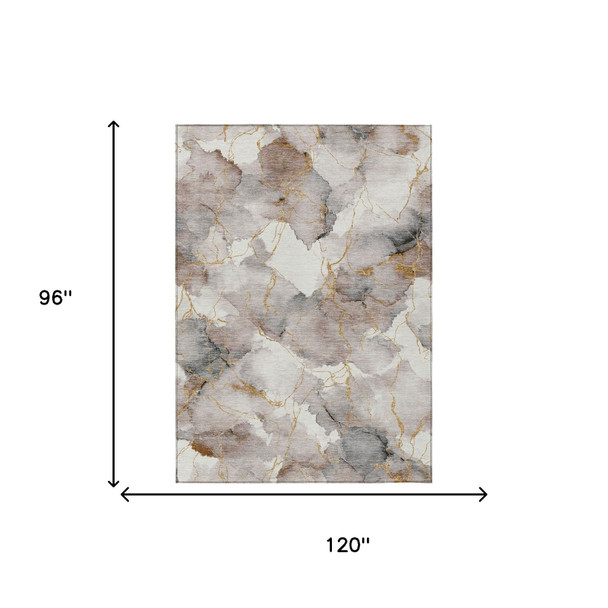 8' X 10' Khaki And Ivory Abstract Washable Indoor Outdoor Area Rug